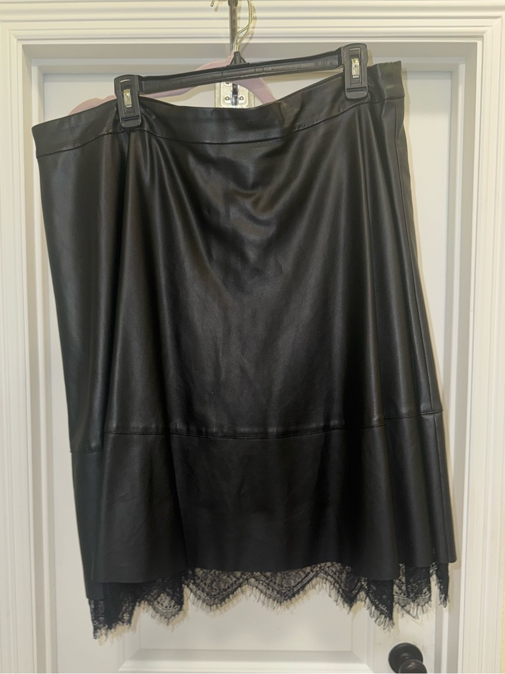 Black Faux Leather Midi Skirt with Lace Trim